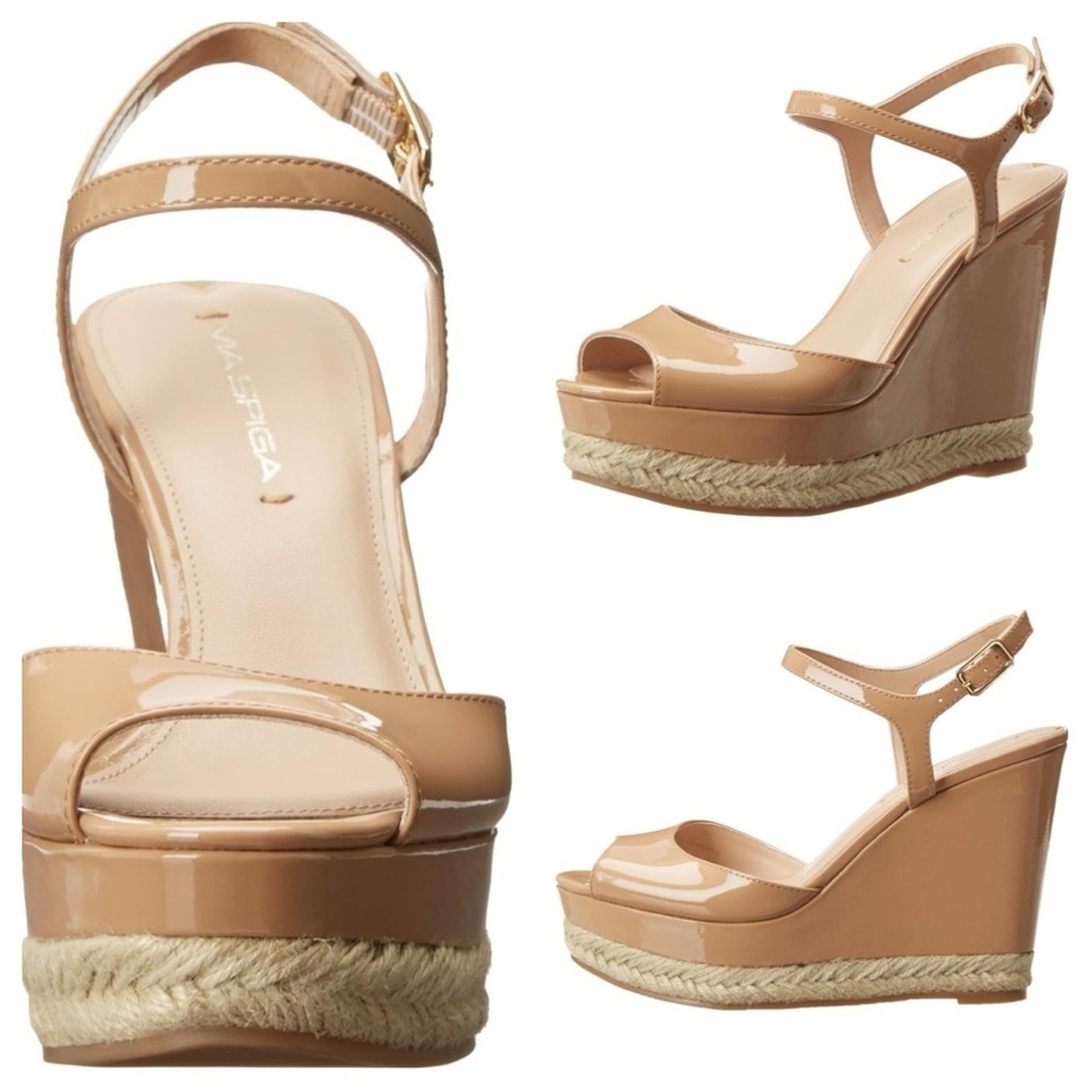 Via Spiga Melia Patent Leather Wedge Sandal Tan Size EUR 39 US 8